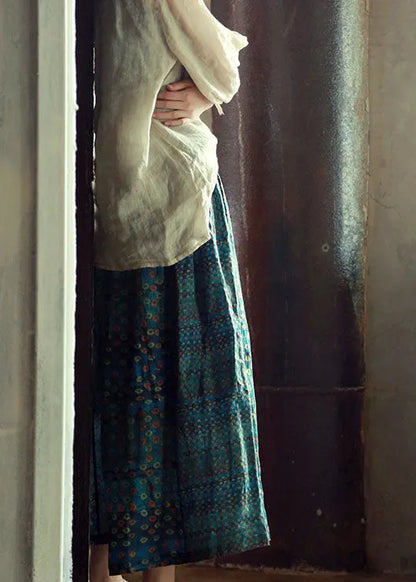 Green Elastic Waist Print Patchwork Linen Skirts Fall