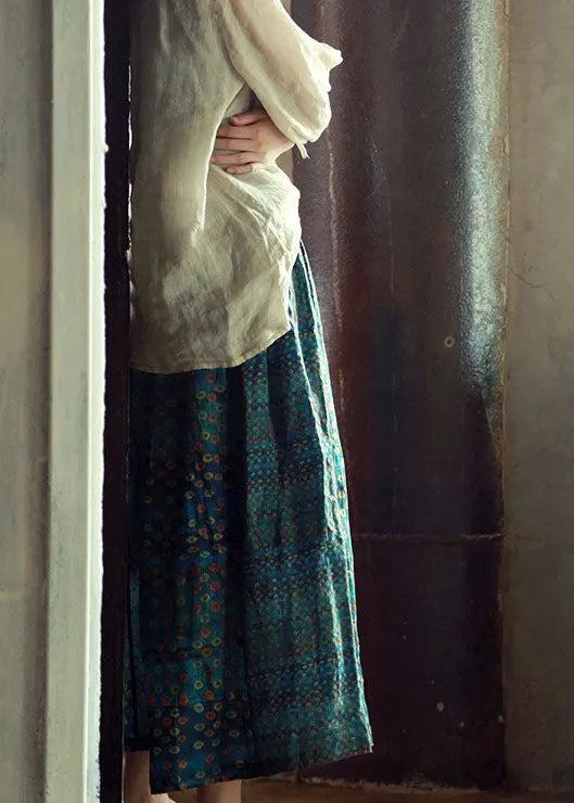 Green Elastic Waist Print Patchwork Linen Skirts Fall