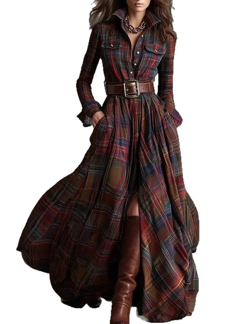 French Multi Plaid Peter Pan Collar Patchwork Cotton Dress Fall