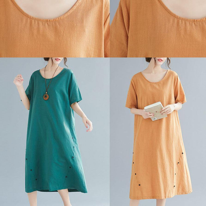 Natural Khaki O Neck Cotton Linen Dresses Button Decorated Summer Dress