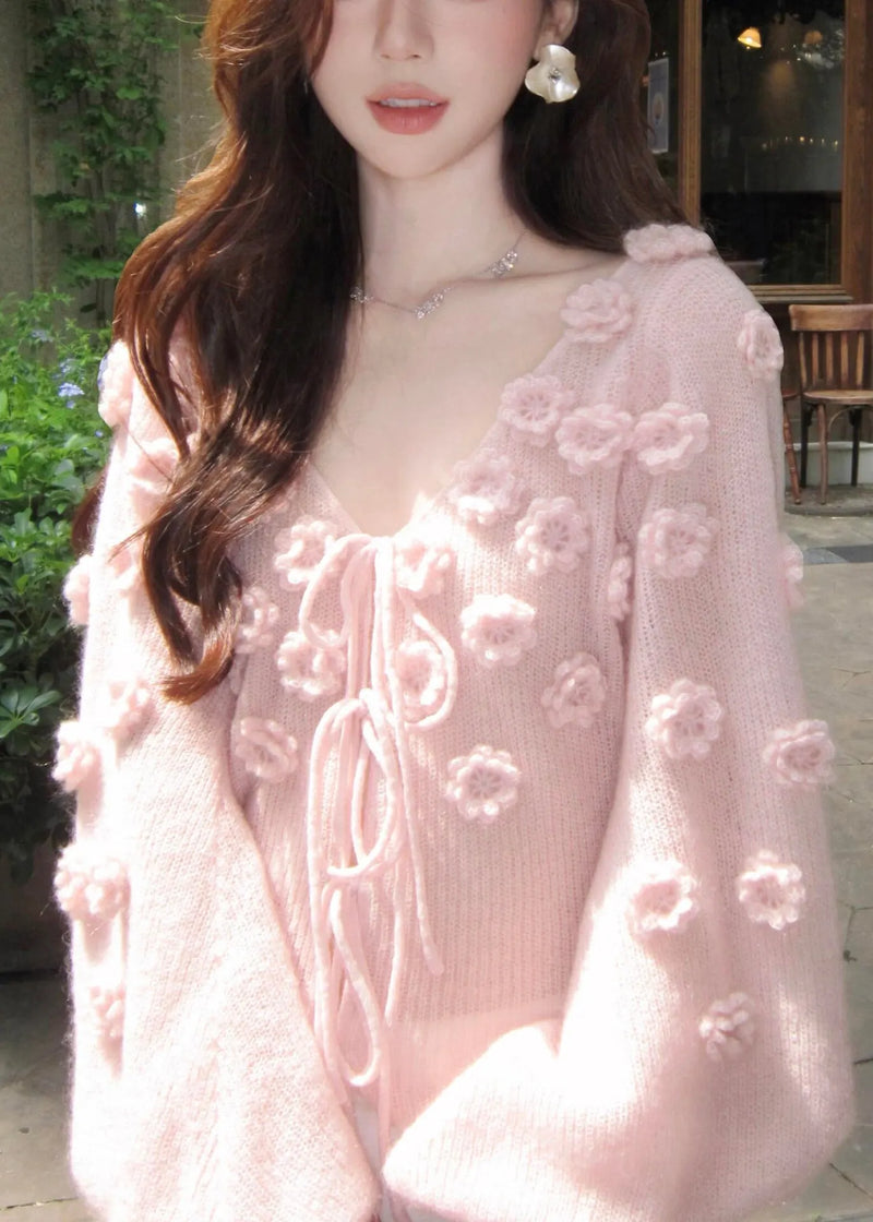 Pink V Neck Lace Up Knit Short Sweater Fall