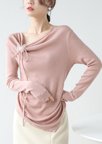 French Pink Asymmetrical Wrinkled Knit Top Spring