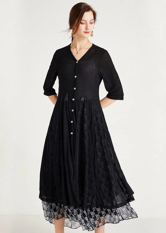 Stylish Black V Neck Button Knit Cardigans Half Sleeve