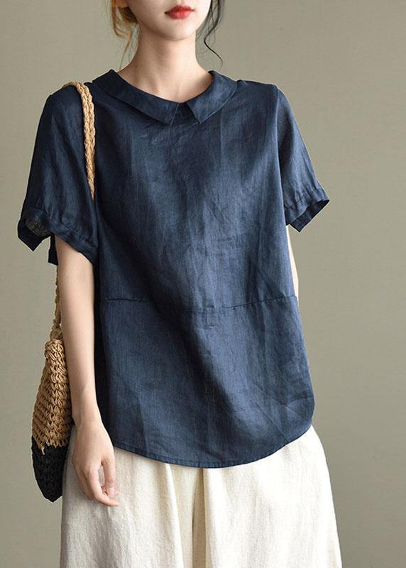Simple Blue Bird Peter Pan Collar Patchwork Summer Linen Blouses
