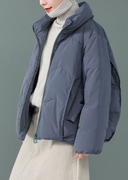 Blue Stand Collar Zip Up Duck Down Jackets Long Sleeve
