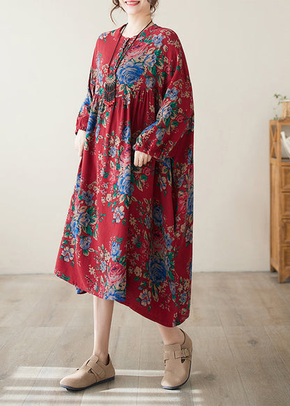 Red O Neck Print Wrinkled Cotton Dress Summer