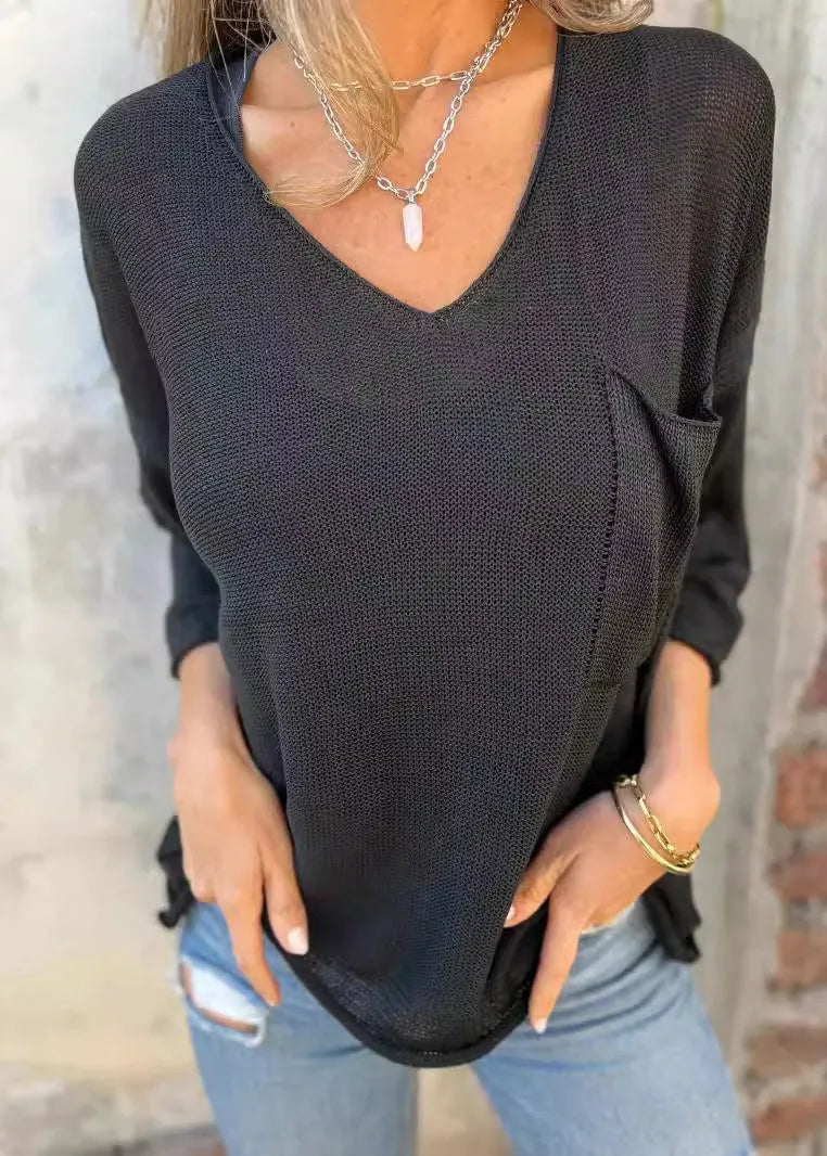 Loose Khaki V Neck Pockets Knitted Tops Fall