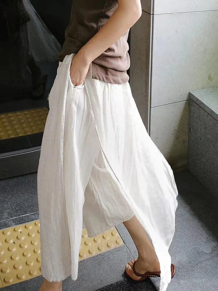 100% Linen Cotton Wide-leg Skirt Pants