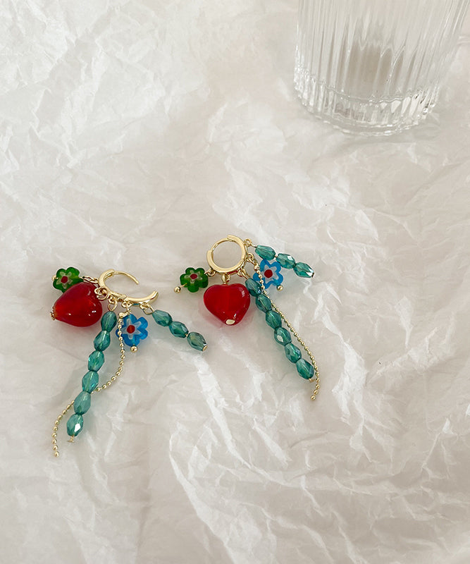 Green Overgild Crystal Glass Tassel Love Drop Earrings