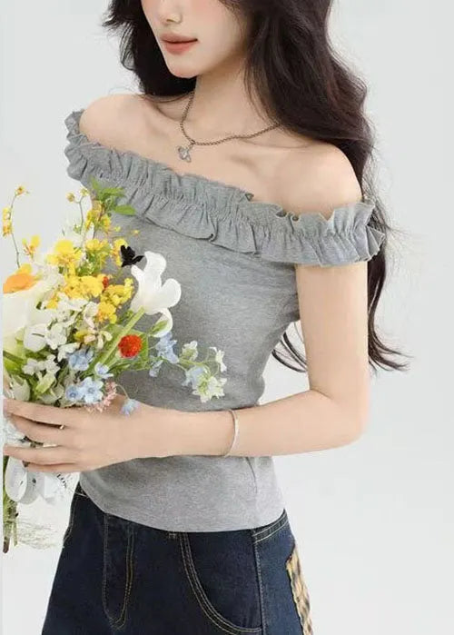 Style Grey Slash Neck Ruffled Short Sleeve Yoga Tops