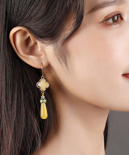 Diy Yellow Copper Jade Coloured Glaze Cloisonne Clover Drop Earrings