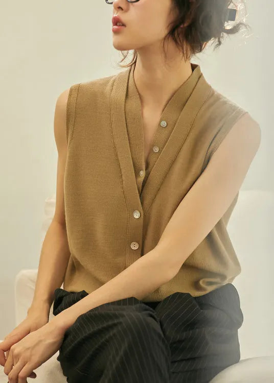 Khaki V Neck Button Woolen Vest Tops Sleeveless