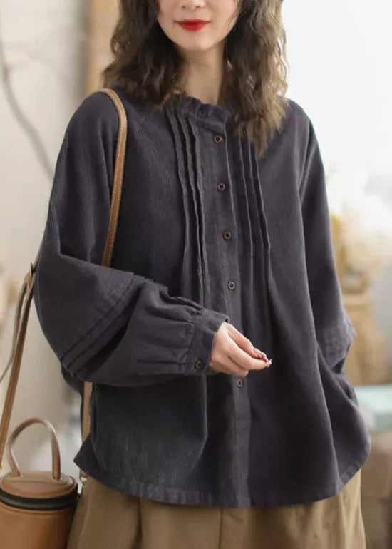 Beige Button Wrinkled Corduroy Blouses Spring