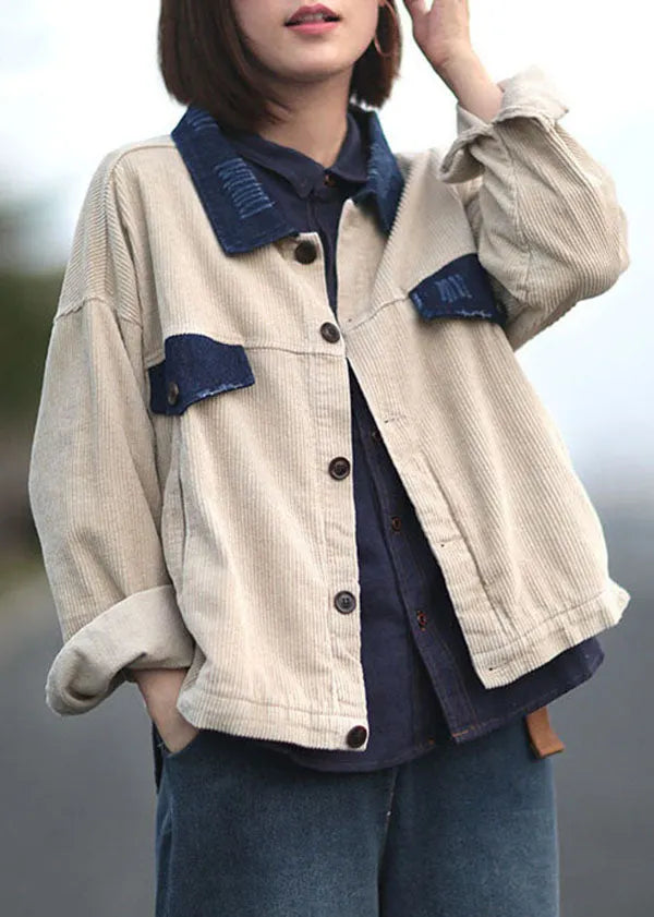 Apricot Peter Pan Collar Button Pockets Patchwork Corduroy Coats Long Sleeve