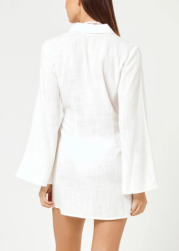 Simple White V Neck Tie Waist Cotton Swimwears Cover Up Dress
