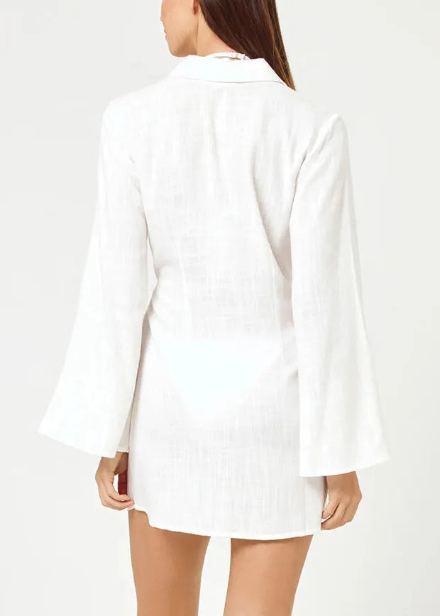 Simple White V Neck Tie Waist Cotton Swimwears Cover Up Dress