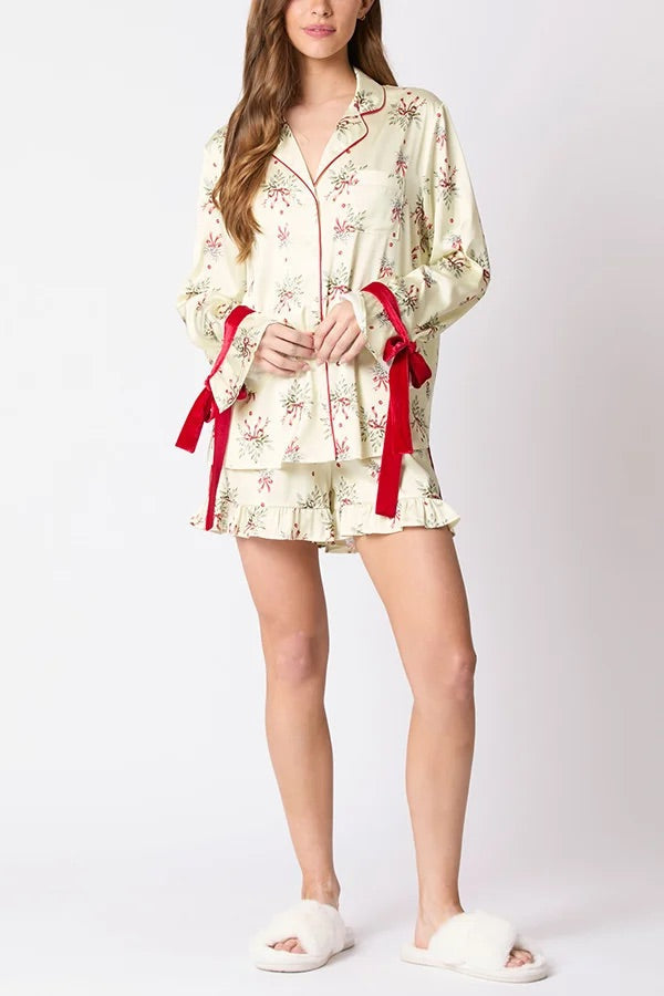 Christmas Fashion Printed Bow Top and Elastic Waist Ruffle Shorts Set
