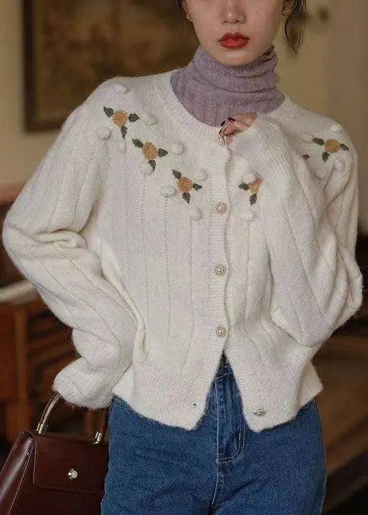 Beige Embroideried Button Patchwork Knit Coats Fall