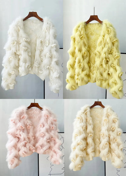 Yellow Patchwork Mink Hair Knitted Coats Lantern Sleeve