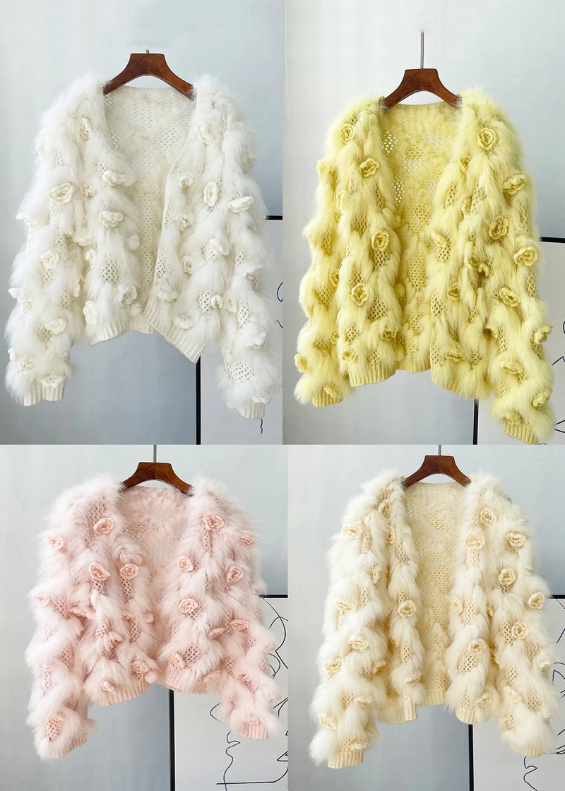 Yellow Patchwork Mink Hair Knitted Coats Lantern Sleeve