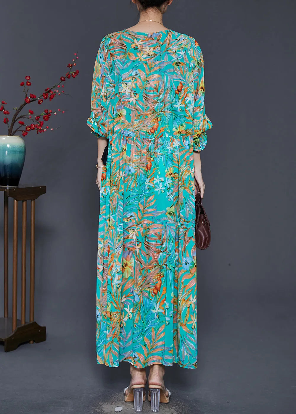 Loose Green Cinched Print Chiffon Holiday Dress Spring