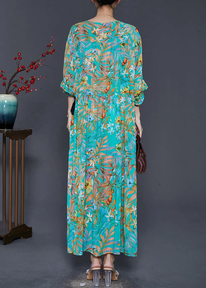Loose Green Cinched Print Chiffon Holiday Dress Spring