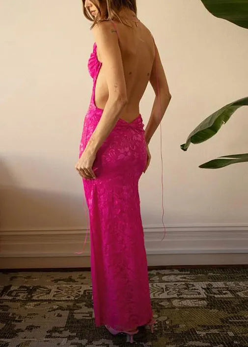 Slim Fit Rose Backless Lace Spaghetti Strap Dress Sleeveless