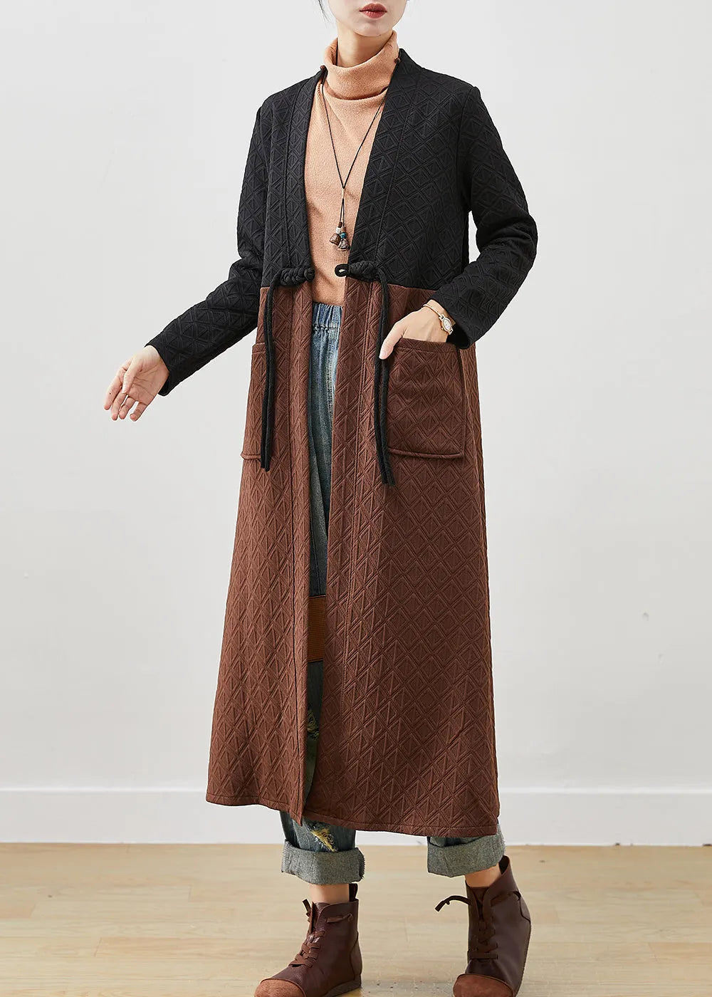 Colorblock Tasseled Patchwork Cotton Long Cardigans Winter
