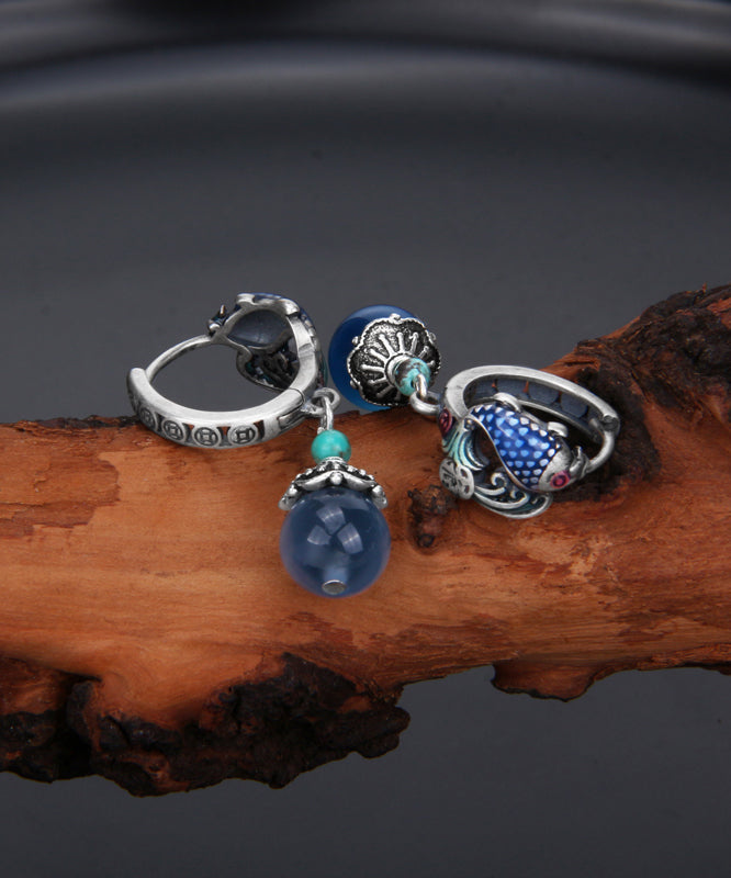 Blue Sterling Silver Cloisonne a Fish Leaping Over the Dragon Gate Drop Earrings