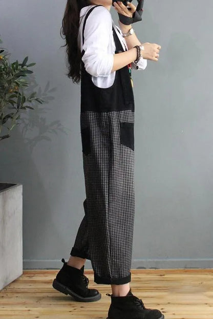 Denim Cotton Plaid Stitching Overalls Dungarees Jumpsuit