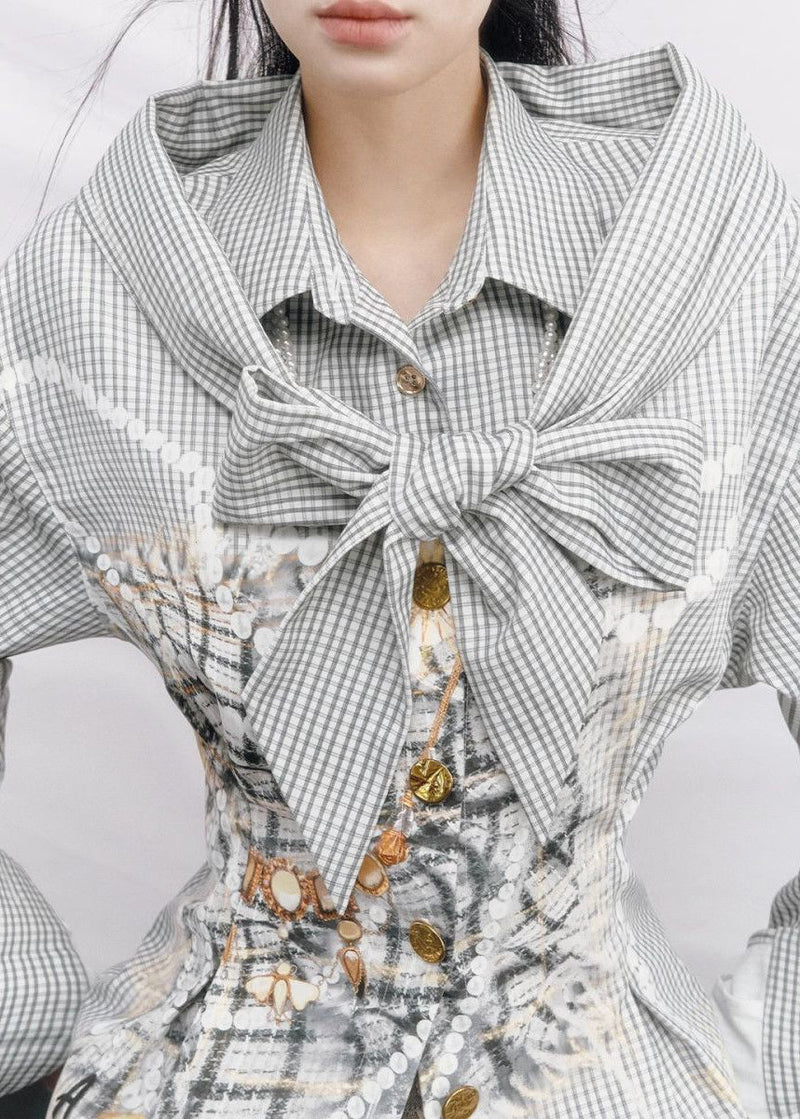 Cold Shoulder Plaid Cotton Fake Two Piece Shirt Top Spring
