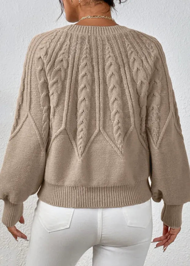 Loose Khaki O-neck Cable Knit Sweater Spring