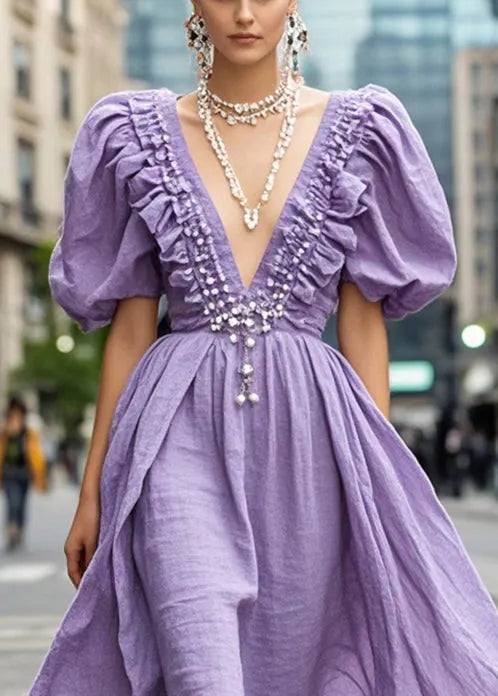 Lavender Ruffled Nail Bead Cotton Dress Puff Sleeve