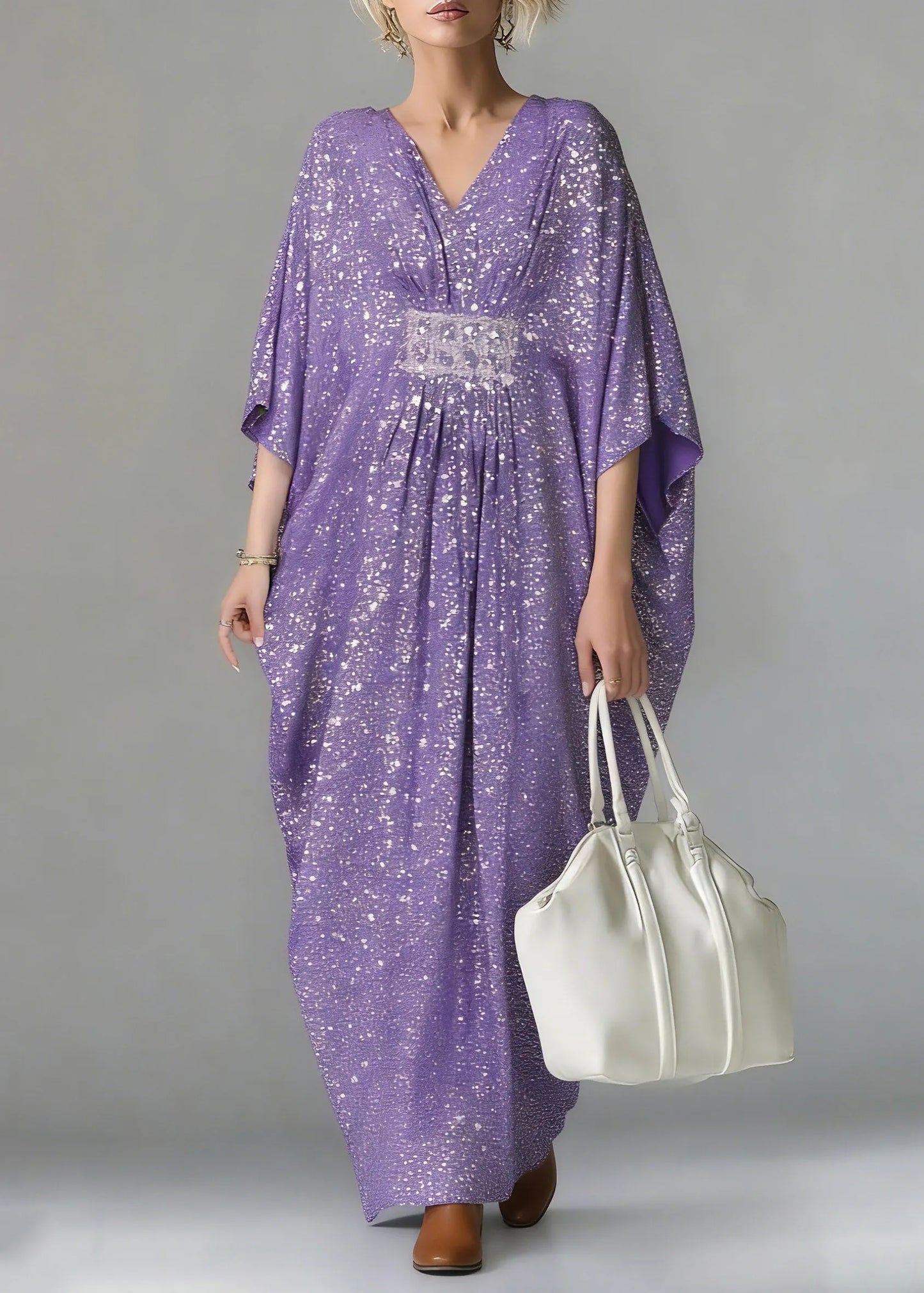 Purple Sequins Tunic Holiday Long Dress Batwing Sleeve