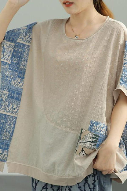 Cotton Linen Patchwork Stitching Split T-shirt