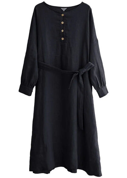 New Grey O Neck Button Tie Waist Linen Dresses Spring