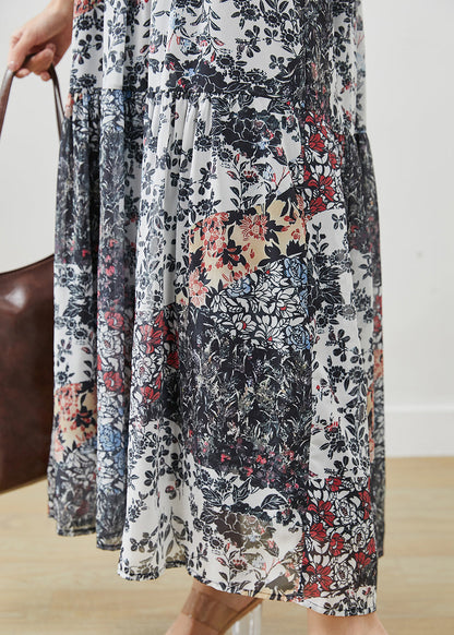 Black Print Exra Large Hem Chiffon Spaghetti Strap Dress Summer