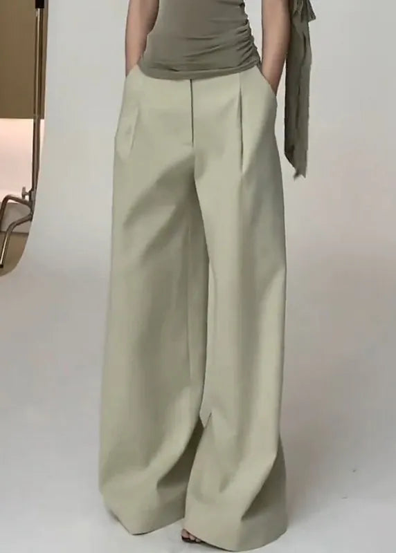 Simple Light Green Pockets High Waist Spandex Wide Leg Pants Fall