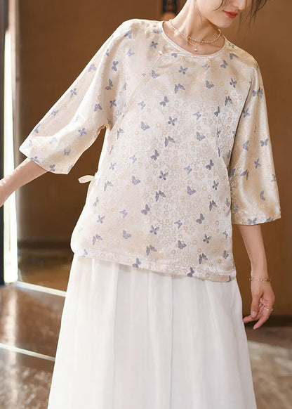 Natural Beige O Neck Jacquard Lace Up Silk Tops Spring