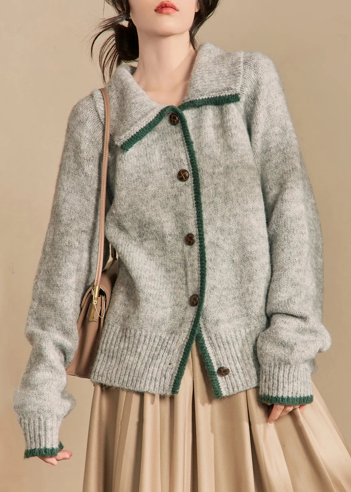 French Grey Peter Pan Collar Button Knit Cardigan Winter
