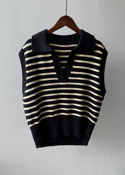 Stylish Apricot V Neck Striped Knit Vest Tops Sleeveless