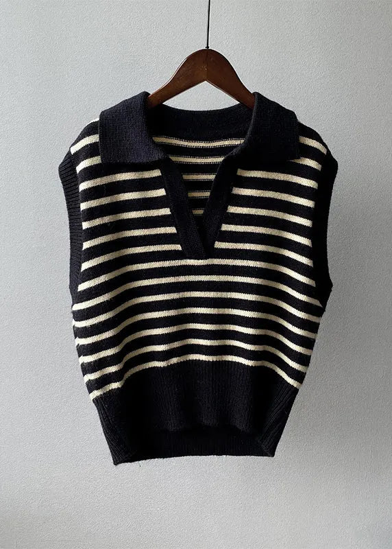 Stylish Apricot V Neck Striped Knit Vest Tops Sleeveless