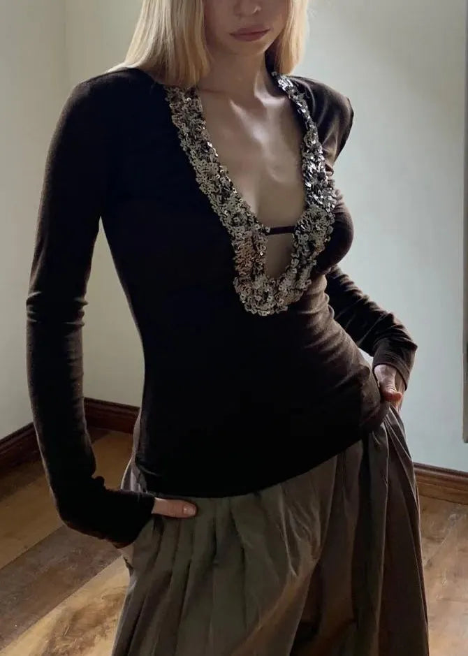 Coffee U Neck Sequins Silk Top Spring