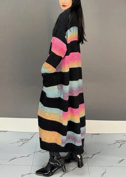 Yellow Striped Pockets Knit Long Cardigan Winter