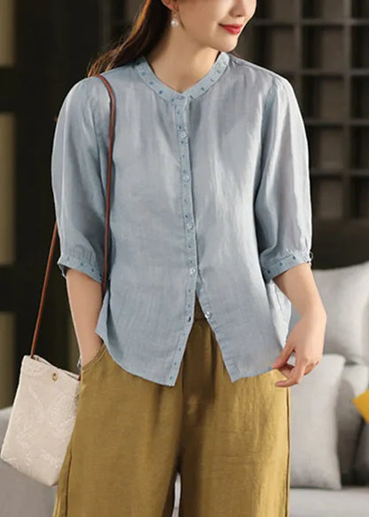 Classy Grey Embroidered Button Linen Blouses Half Sleeve
