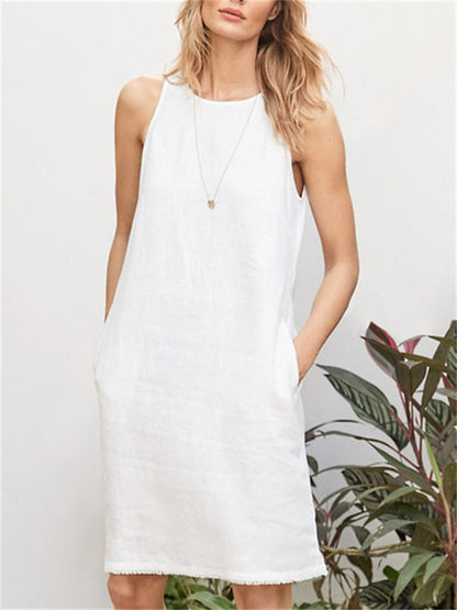 Color Sleeveless Cotton Linen Round Neck Loose Waist Pocket Tassel Undershirt Urban Style A-line Dress