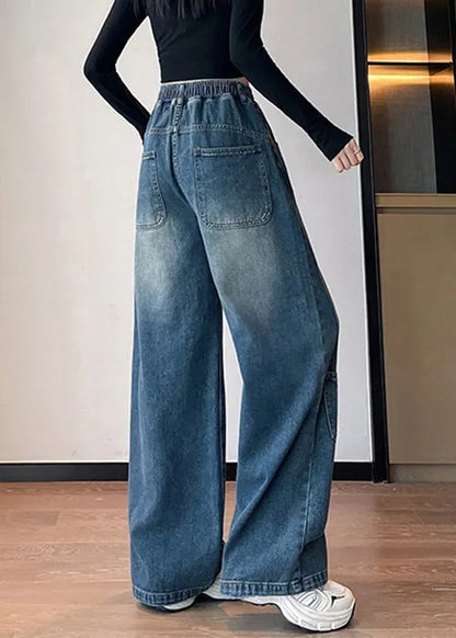 Blue Letter Pockets Elastic Waist Denim Pants Fall