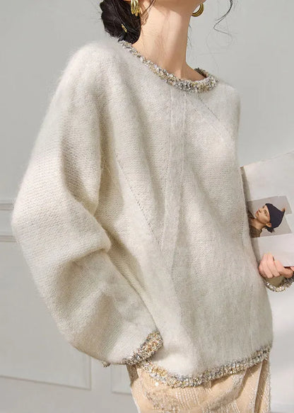 Original Design White Sequins Patchwork Cozy Cotton Knit Sweater Spring