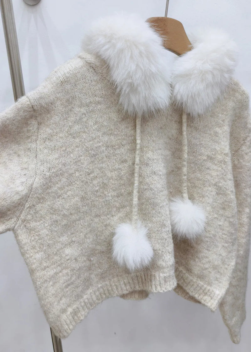 Beige Fuzzy Ball Decorated Hooded Cotton Knit Sweater Tops Winter