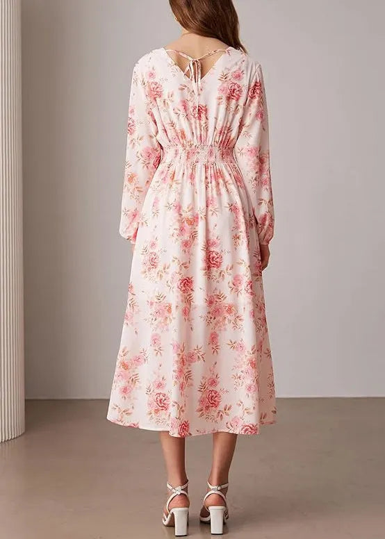 New Pink V Neck Print Front Open Dresses Long Sleeve